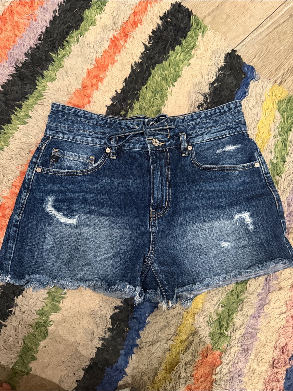 KanCan Dark Blue Distressed Denim Shorts with Raw Hem